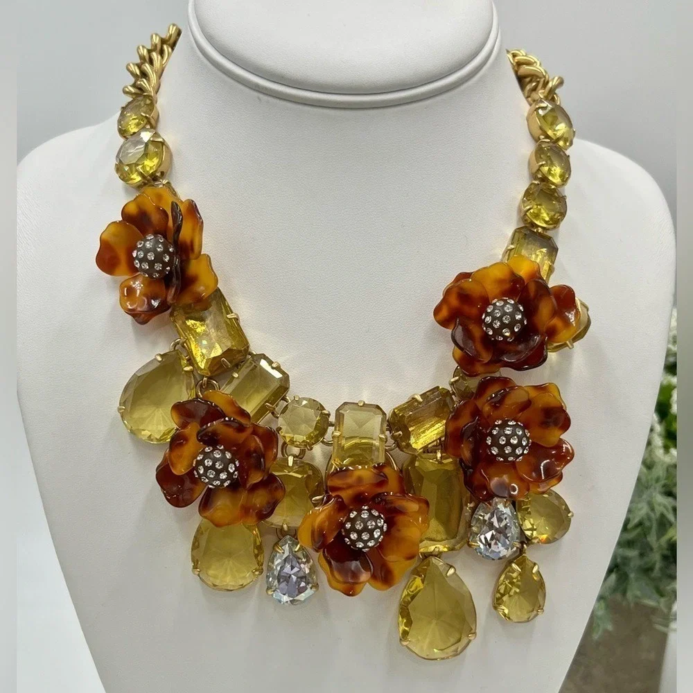 J. Crew Tortoise Shell Flower Asymmetrical Pave Yellow‎ Rhinestone Bib Necklace